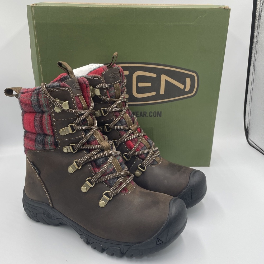 KEEN Womens Greta Waterproof Leather Snow Boots Brown/Red Plaid 1026597 Size 6